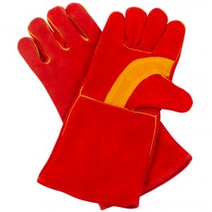 Welding Gloves - Red Leather Deluxe Quality Gloves, Size Large - 16" length
