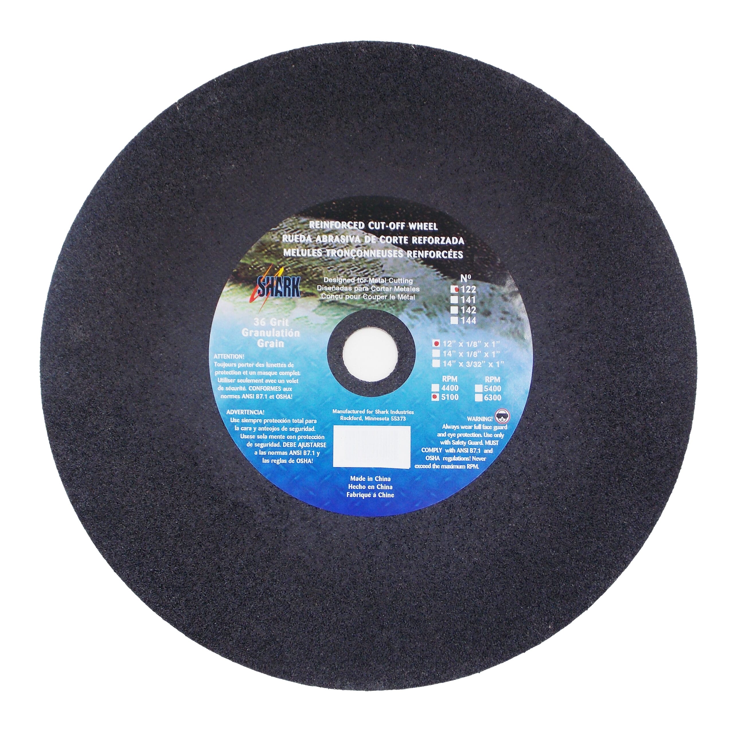 5 PK | Cut-Off Wheel - Aluminum Oxide - Double Reinforced - 12" x 1/8" x 1" - 36 Grit - Image 2